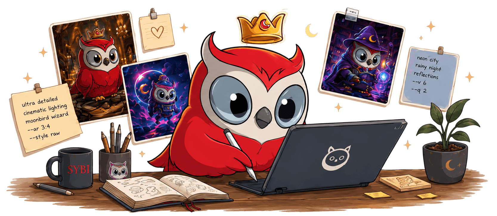Moonbird at a desk creating AI art, surrounded by framed birb portraits and prompt notes.