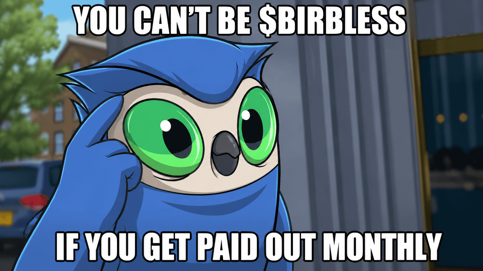 Meme template preview with a Moonbird and custom caption text