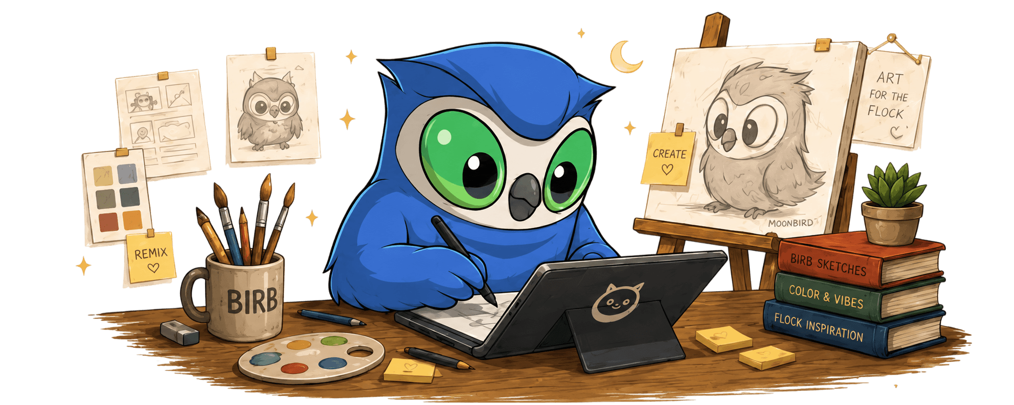 Illustration of Moonbirds making art — meme templates, custom PFPs, and AI-generated birbs.