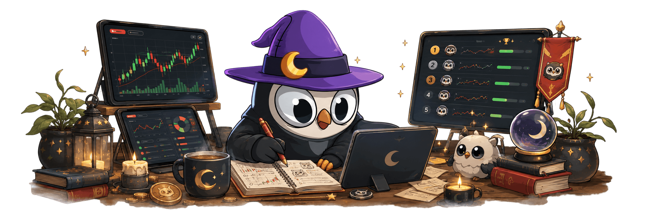 Moonbird trader at a desk with ledger, leaderboard, and Birb Game rewards.