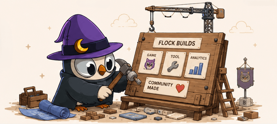 Illustration of a Moonbird builder at a Flock Builds board with game, tool, and analytics plaques.