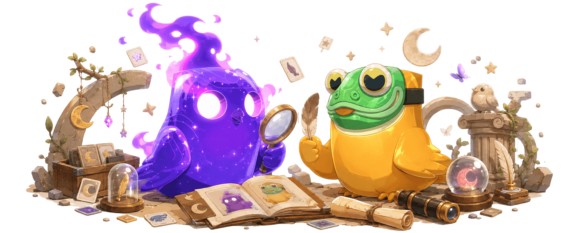 A frog-masked Moonbird and a spectral purple ghost-bird sit at a desk strewn with arcane tomes and tarot cards.